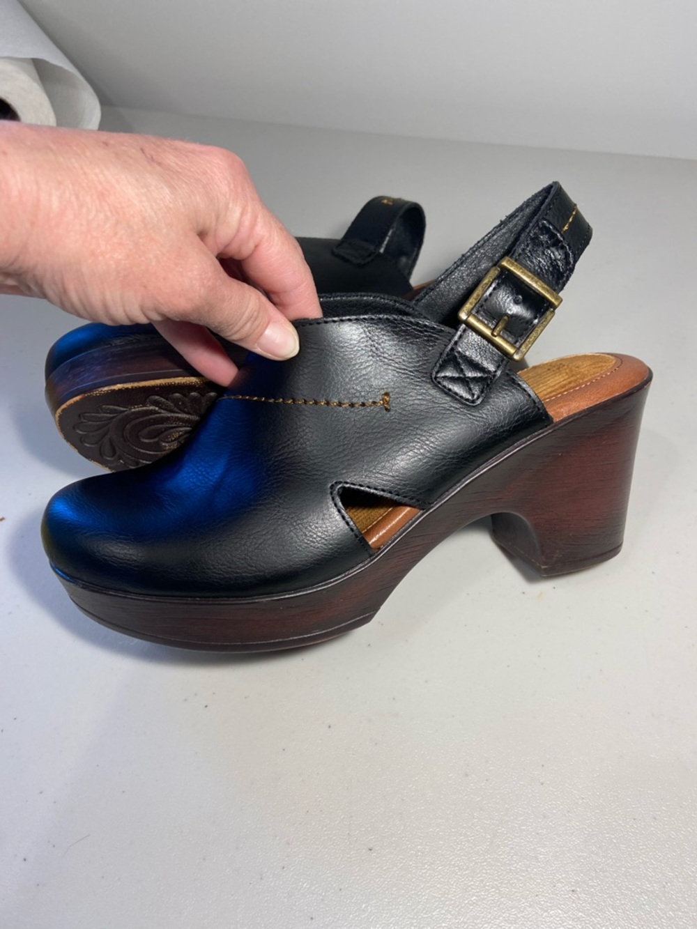 b.o.c. Black Leather Slingback Clogs with Wood-Tone Heel - Picture 7 of 13